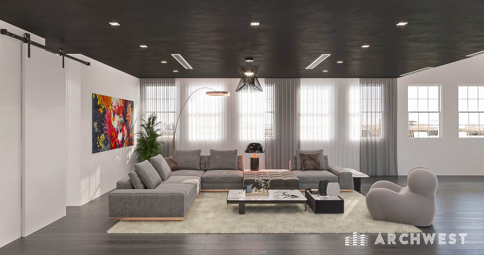 13. 3D Rendering of an Industrial Theme Living Room